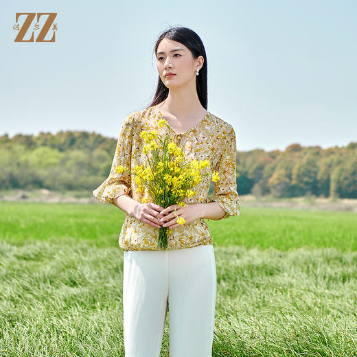 佐尔美2022夏季新款 100%桑蚕丝真丝碎花甜美衬衣女E22CS08 商品图1