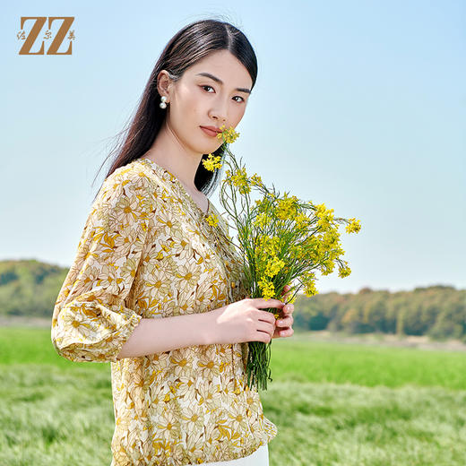 佐尔美2022夏季新款 100%桑蚕丝真丝碎花甜美衬衣女E22CS08 商品图3