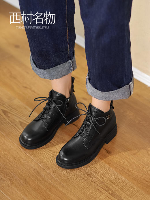 西村名物2021冬季新款真皮马丁靴粗跟黑色系带单靴英伦短靴X21DS44901 商品图0