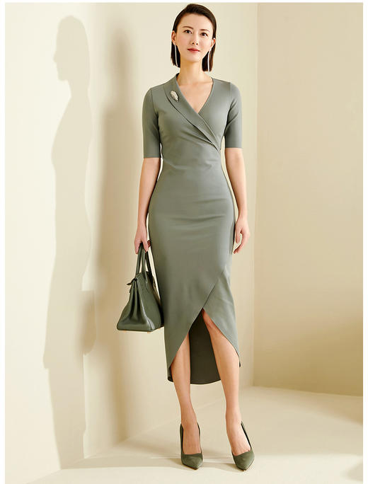 浮光掠影-20284464 颈袖添香季新款时尚职场修身显瘦气质中长款连衣裙女 时尚修身连衣裙女 商品图0