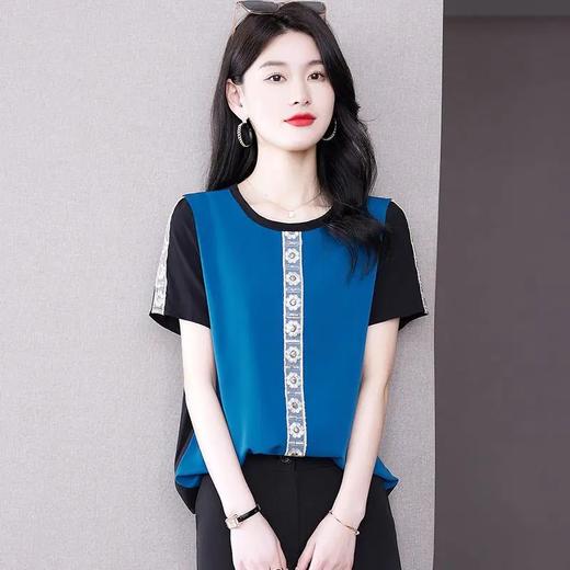 AHM-19573夏季新款时尚气质圆领撞色拼接宽松显瘦短袖T恤女 商品图0
