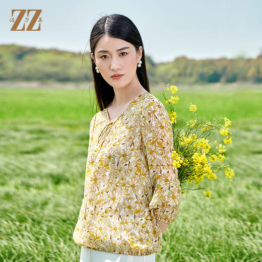佐尔美2022夏季新款 100%桑蚕丝真丝碎花甜美衬衣女E22CS08 商品图4