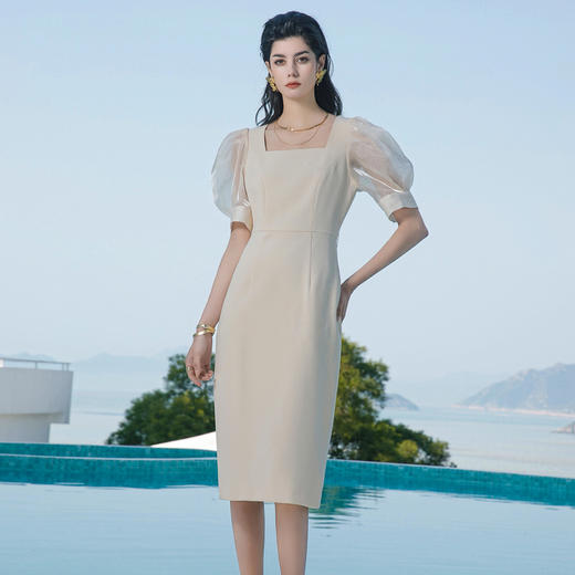 法式泡泡袖连衣裙时髦米白色气质名媛西装裙收腰显瘦礼服裙夏季 商品图3