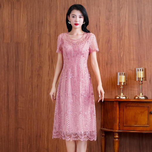 网纱连衣裙新款刺绣年轻时尚高腰大摆粉色蕾丝裙 X-8180 商品图4