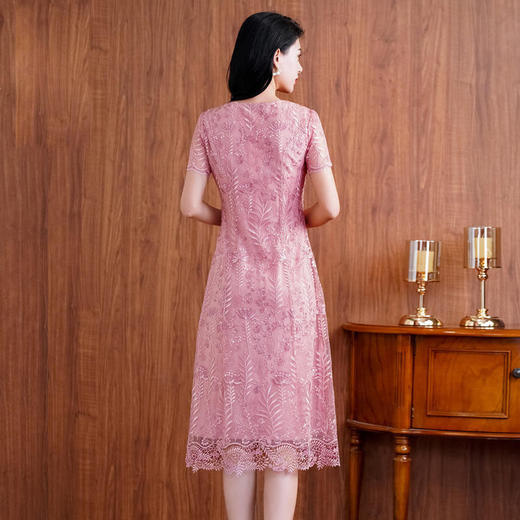 网纱连衣裙新款刺绣年轻时尚高腰大摆粉色蕾丝裙 X-8180 商品图3