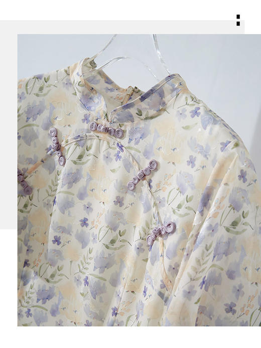 【年中特卖】改良旗袍式连衣裙女夏新款国风立领荷叶袖提花雪纺裙 商品图4