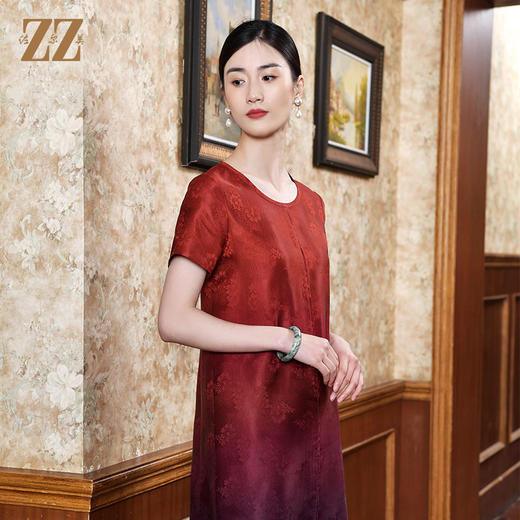 佐尔美2022夏季新款 渐变红云纱香云纱桑蚕丝真丝连衣裙女E22LS44 商品图2