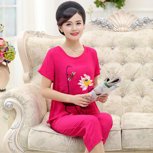 CLX夏季人睡衣女棉麻短袖七分裤两件套装宽松大码家居服 商品图4