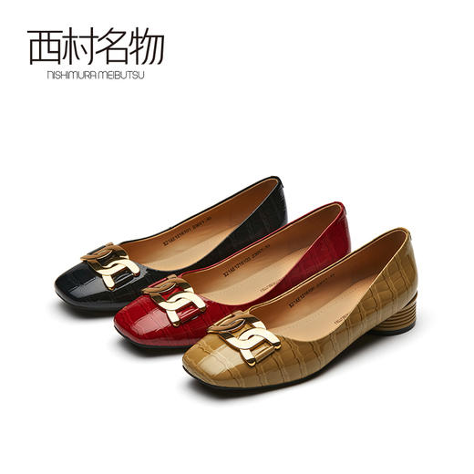 西村名物2021时尚招财开运铜钱扣浅口女单鞋粗跟时装韩版鞋X21AE12161 商品图0