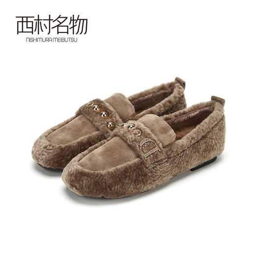 西村名物羊毛皮加绒保暖乐福鞋2020春季新款圆头低跟平底毛毛鞋女X20AM16081 商品图0