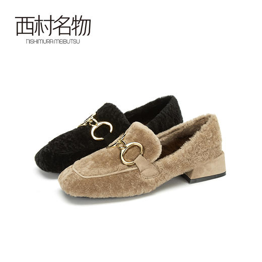 西村名物2020秋季新款轻复古方头奶奶鞋羊毛皮柔软休闲女鞋X20CM32731 商品图0