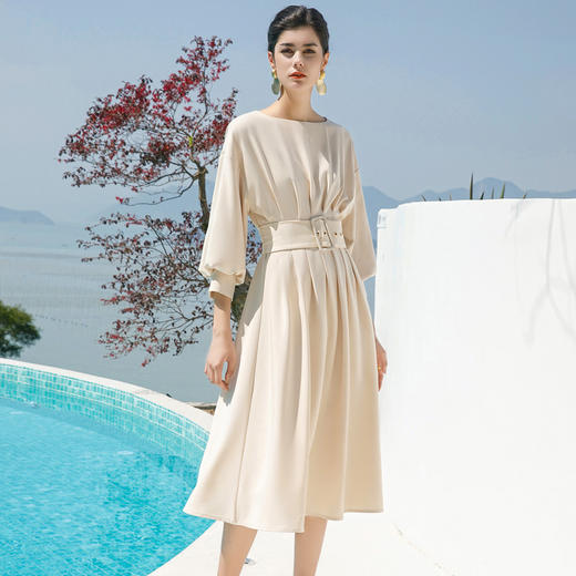 AD简约圆领连衣裙显瘦2022收腰系带气质裙子知性女神范职业套裙夏 商品图2