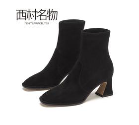 西村名物牛皮马丁靴中跟绑带短靴圆头皮鞋女X20DS40501