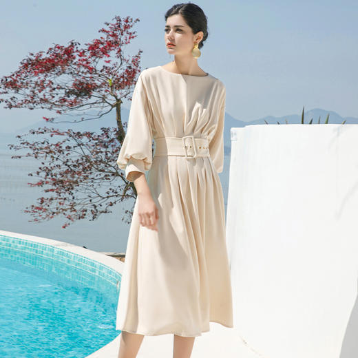 AD简约圆领连衣裙显瘦2022收腰系带气质裙子知性女神范职业套裙夏 商品图4