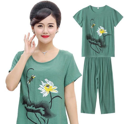 CLX夏季人睡衣女棉麻短袖七分裤两件套装宽松大码家居服 商品图2