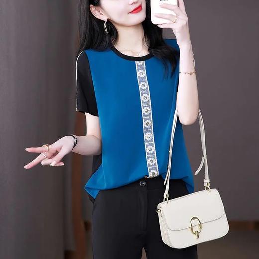 AHM-19573夏季新款时尚气质圆领撞色拼接宽松显瘦短袖T恤女 商品图1