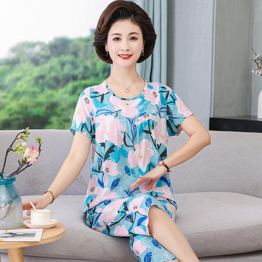 CLX睡衣春秋女款短袖套装棉绸家居服女休闲大码夏天 商品图6