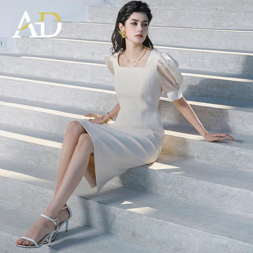 法式泡泡袖连衣裙时髦米白色气质名媛西装裙收腰显瘦礼服裙夏季 商品图1