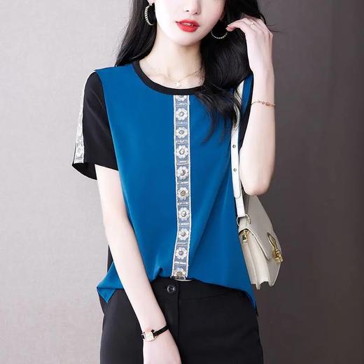 AHM-19573夏季新款时尚气质圆领撞色拼接宽松显瘦短袖T恤女 商品图2