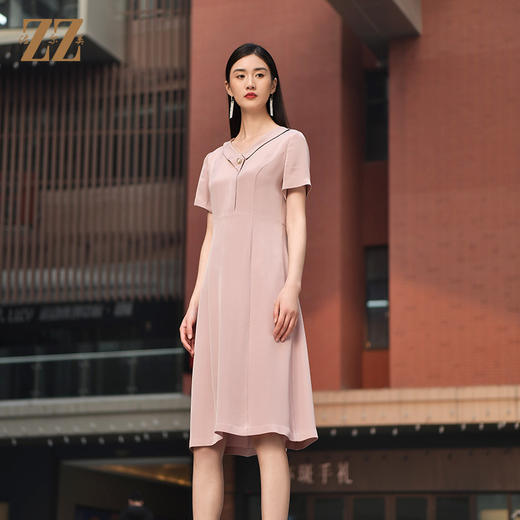 佐尔美2022夏季新款 100%桑蚕丝真丝通勤气质纯色连衣裙女E22LS48 商品图3