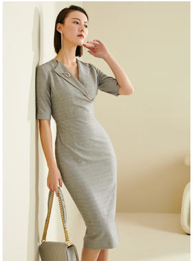 “上东区新贵”-连衣裙-颈袖添香四季新款高级灰V领包臀气质职场装连衣裙女职场裙J9384082T1X5