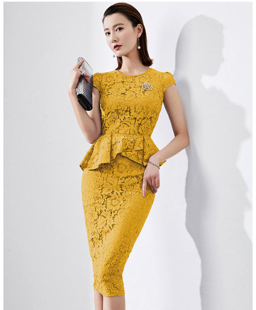 孤品-J8282428B颈袖添香季新款时尚收腰显瘦包臀职场装蕾丝连衣裙 黄色短袖偏大一码不退可换 商品图0