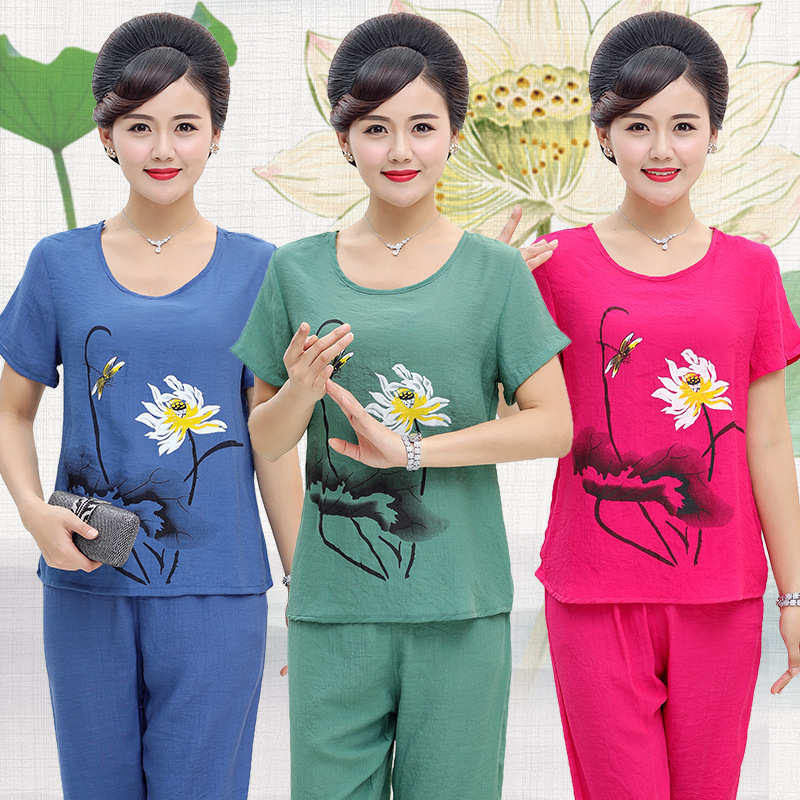 CLX夏季人睡衣女棉麻短袖七分裤两件套装宽松大码家居服