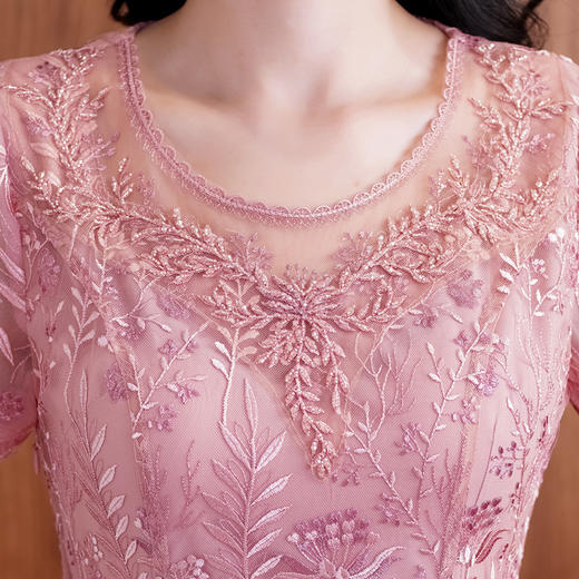 网纱连衣裙新款刺绣年轻时尚高腰大摆粉色蕾丝裙 X-8180 商品图1