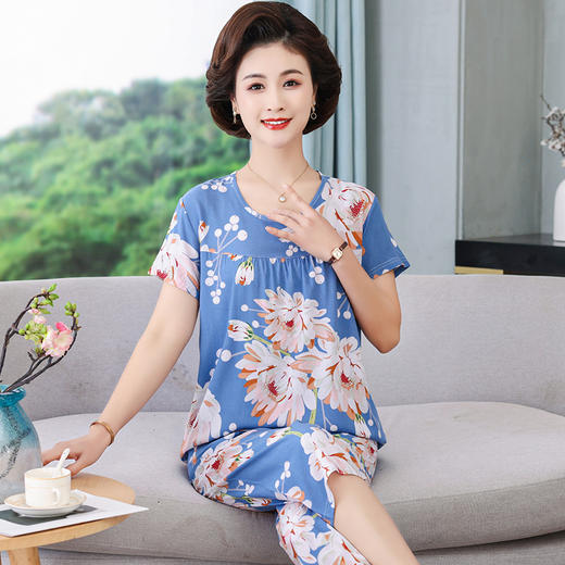 CLX睡衣春秋女款短袖套装棉绸家居服女休闲大码夏天 商品图4