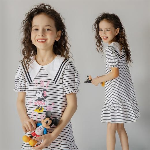 迪士尼新款短袖连衣裙海军风条纹休闲长裙 商品图1