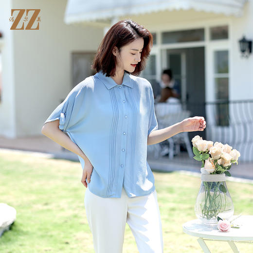 佐尔美2022夏季新款 100%桑蚕丝真丝纯色鬼绉衬衣女E12CS118 商品图1