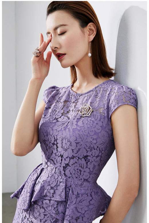 孤品-J8282428B颈袖添香季新款时尚收腰显瘦包臀职场装蕾丝连衣裙 黄色短袖偏大一码不退可换 商品图3