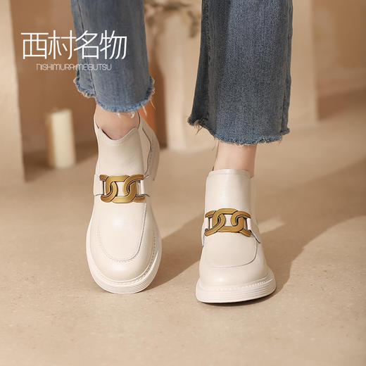 西村名物2021秋冬新款设计金属扣低跟牛皮时尚女靴单靴袜靴X21DS43821 商品图0