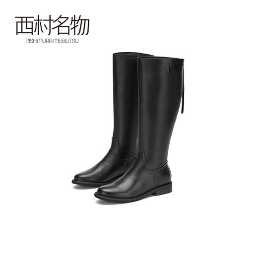 西村名物2020冬季新款气质长筒靴女牛皮圆头低跟时尚女靴X20DQ40921 商品图0