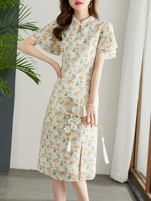 【69元福袋，不支持退换】荷叶袖碎花旗袍裙女夏新款改良新中式绝美开叉连衣裙 商品图2