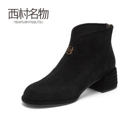 西村名物2020秋冬新款短靴羊皮绒中跟简约休闲女靴X20DS40441