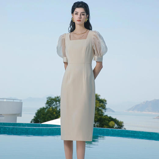 法式泡泡袖连衣裙时髦米白色气质名媛西装裙收腰显瘦礼服裙夏季 商品图2