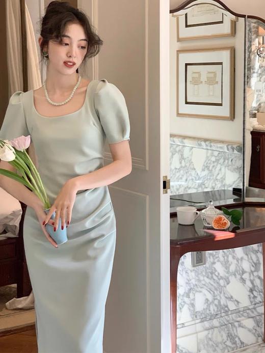 （清仓现货）【社群供V】方领泡泡短袖修身法式连衣裙气质高级长裙涤纶 商品图0