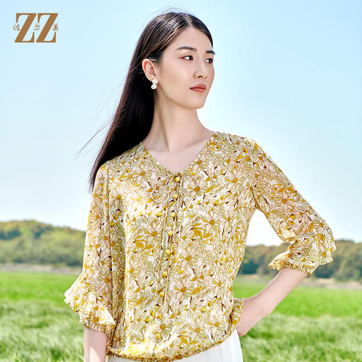 佐尔美2022夏季新款 100%桑蚕丝真丝碎花甜美衬衣女E22CS08 商品图2