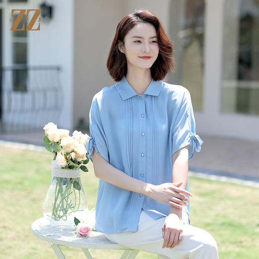 佐尔美2022夏季新款 100%桑蚕丝真丝纯色鬼绉衬衣女E12CS118 商品图0