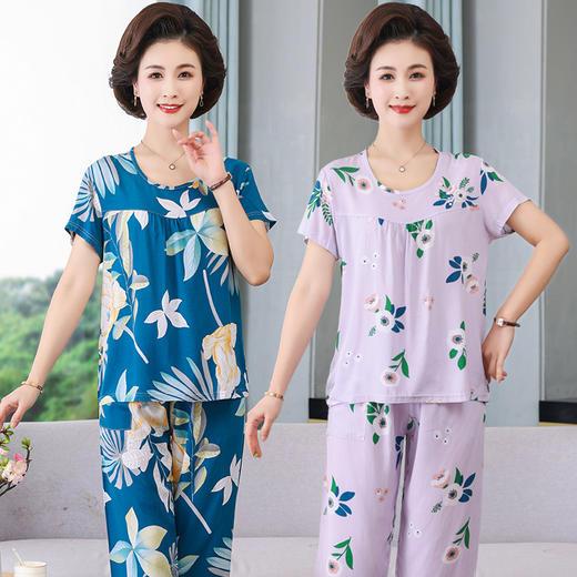 CLX睡衣春秋女款短袖套装棉绸家居服女休闲大码夏天 商品图1