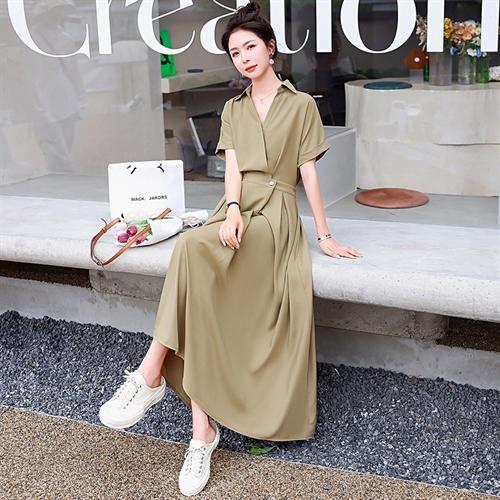 气质修身，翻领V心高腰松紧短袖连衣裙HR-HAYR72227 商品图4