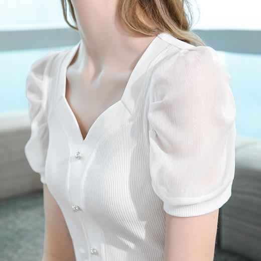 莫代尔短袖t恤，单排扣方领棉体恤法式泡泡袖上衣SG-T2X2417 商品图3