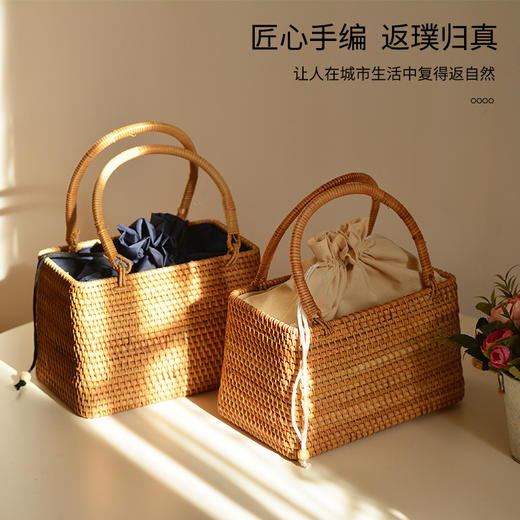 【藤编优质手提包】夏季出游手工编织提篮收纳包 异域风情大容量野餐旅行手提篮子系带包 商品图3