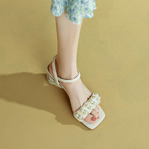 OLD-m951aa新款法式时尚气质方头高跟珍珠露趾凉鞋 商品图3