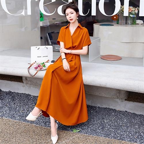 气质修身，翻领V心高腰松紧短袖连衣裙HR-HAYR72227 商品图2