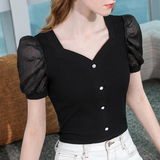 莫代尔短袖t恤，单排扣方领棉体恤法式泡泡袖上衣SG-T2X2417 商品图2