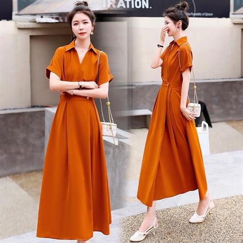 气质修身，翻领V心高腰松紧短袖连衣裙HR-HAYR72227 商品图1