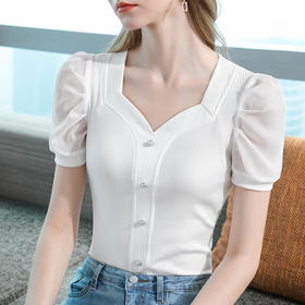 莫代尔短袖t恤，单排扣方领棉体恤法式泡泡袖上衣SG-T2X2417