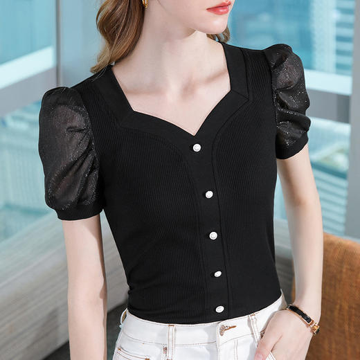 莫代尔短袖t恤，单排扣方领棉体恤法式泡泡袖上衣SG-T2X2417 商品图1